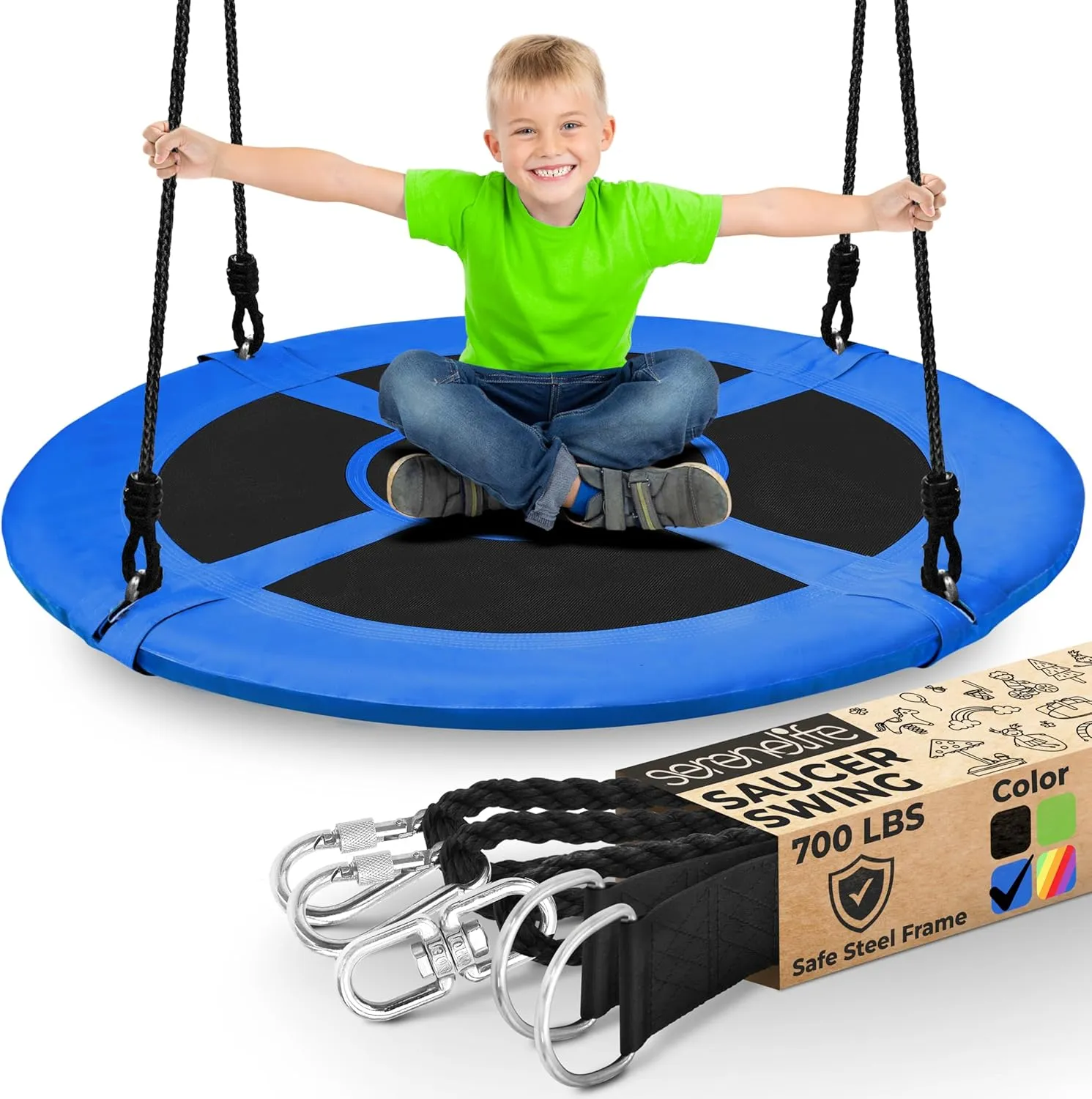SereneLife Saucer Swing with Tree Hang Kit, 40” Outdoor Tree Swing, 2 Adjustable Hanging Rope Straps and Center Swivel Spinner for Kids (Blue)