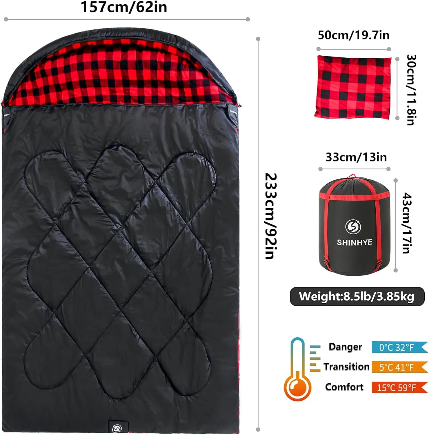 ShinHye Double Sleeping Bag for Adults with 2 Pillows, Camping Sleeping Bags Flannel Cotton 2 Person Sleeping Bags XXL Queen Size Sleeping Bag for Cold Weather