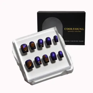 Short Square Press On Nails, Cat Eye Nails, 'Purple Universe', Girls Press On Nails, 10 Pieces Purple Nails with 1 Storage Bag and Gel Nail Kit (M)