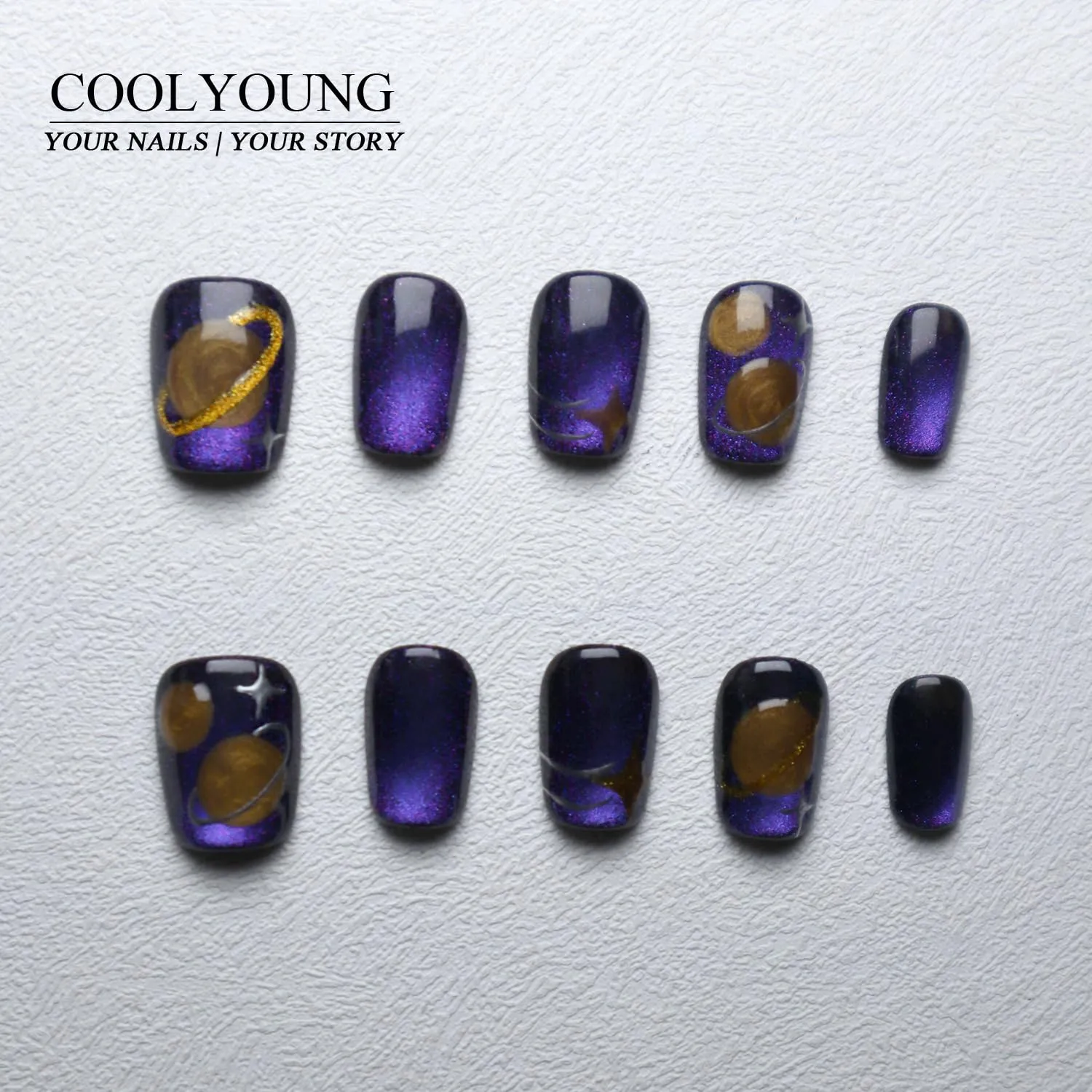 Short Square Press On Nails, Cat Eye Nails, 'Purple Universe', Girls Press On Nails, 10 Pieces Purple Nails with 1 Storage Bag and Gel Nail Kit (M)