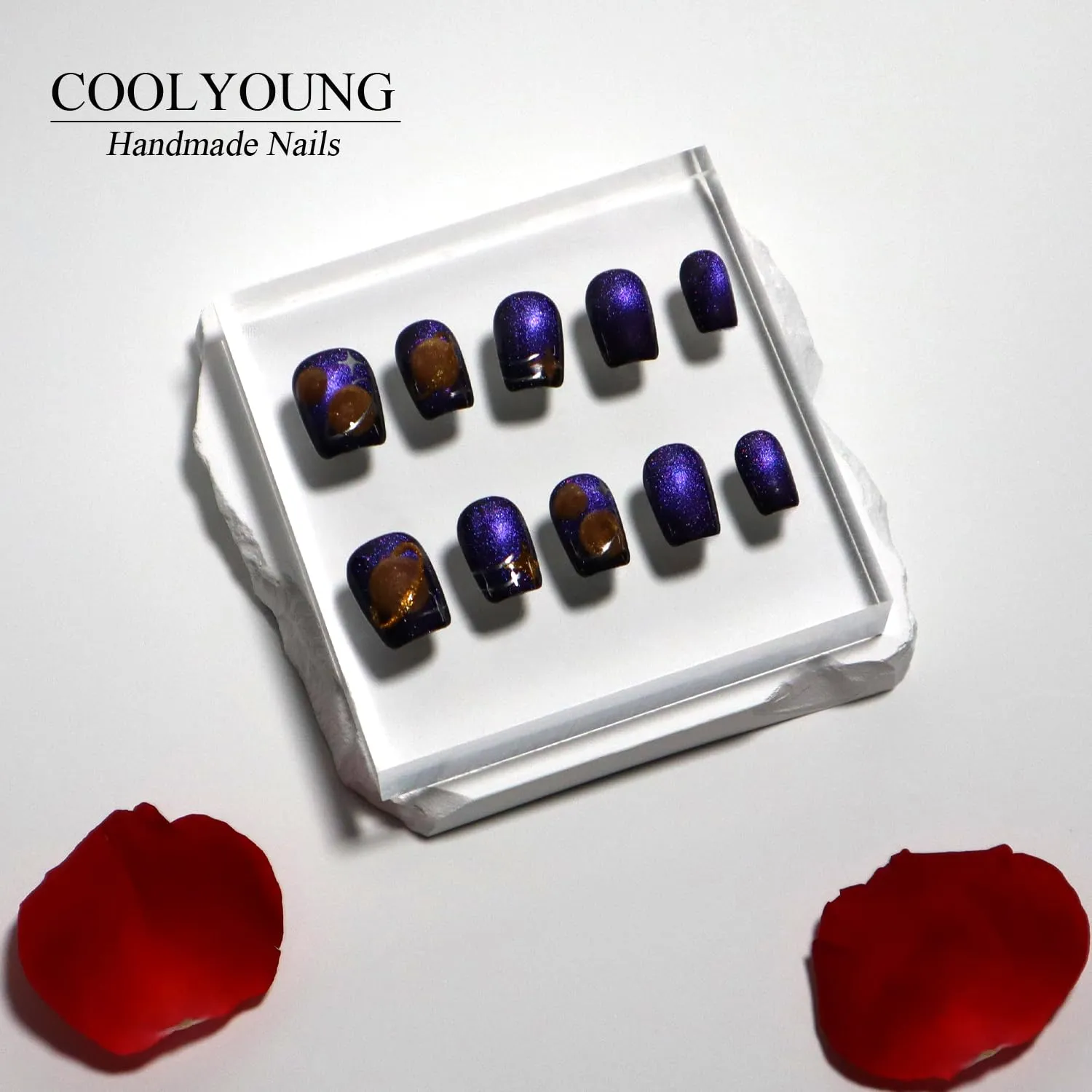Short Square Press On Nails, Cat Eye Nails, 'Purple Universe', Girls Press On Nails, 10 Pieces Purple Nails with 1 Storage Bag and Gel Nail Kit (M)