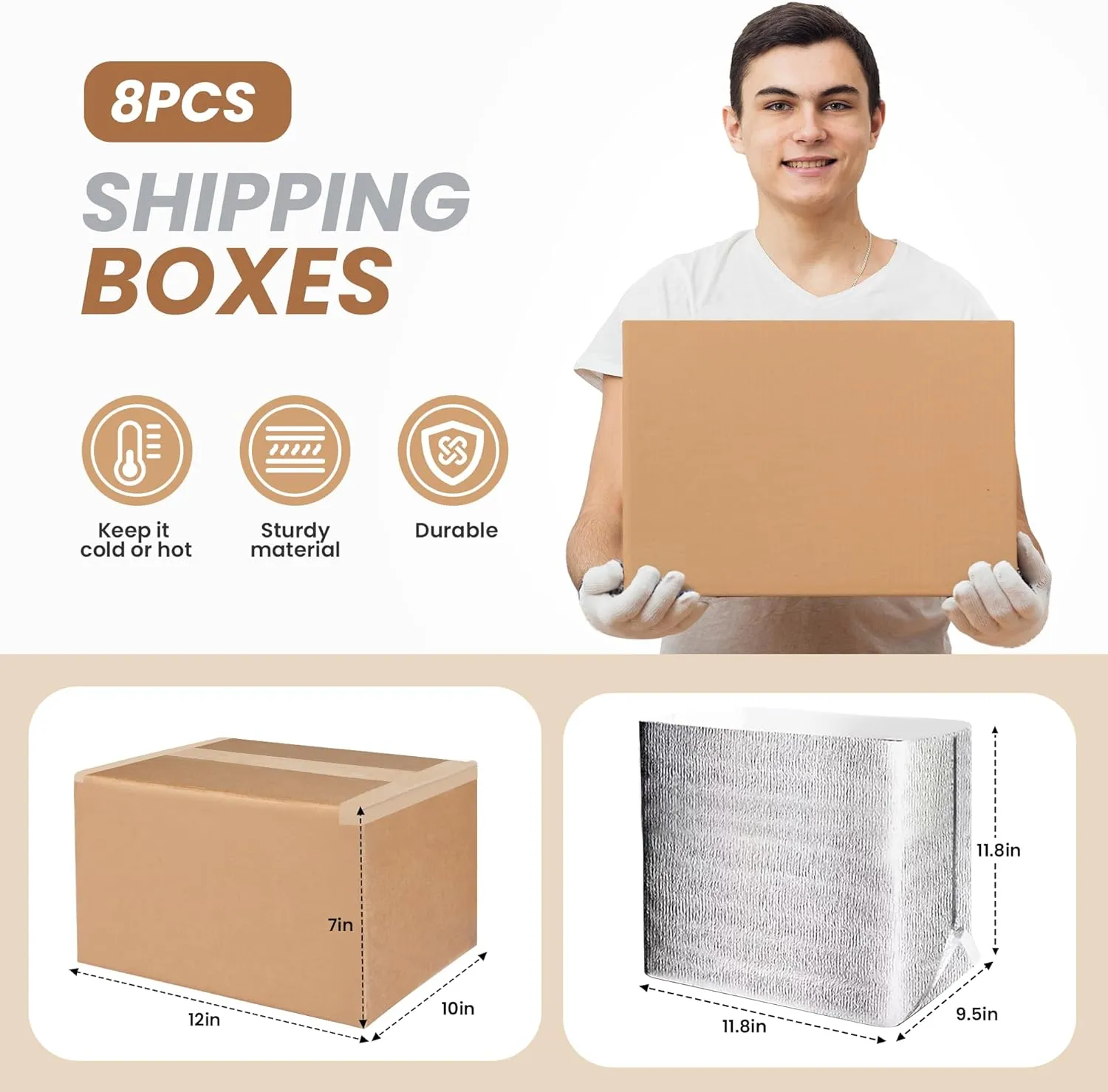 Simple Deluxe Insulated Shipping Boxes with Aluminum Foil Liner,Thermal Insulation Cold Pack Shipping Boxes for Frozen, Reusable Styrofoam Cooler Box, Small Mailing Box, 12''x10''x7'' (Pack of 8)