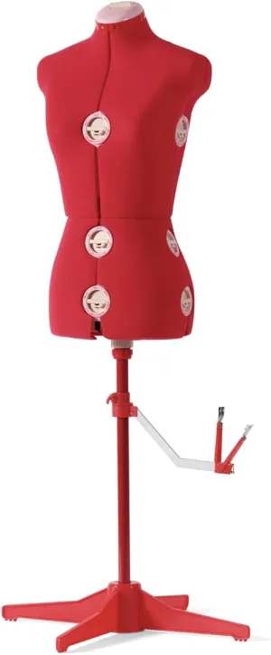 SINGER Female Adjustable Red Dress Form Fits Sizes 4-10 Pinnable Mannequin Body Torso with 360 Degree Hem Guide, Foam-Backed Fabric Exterior, 12 Dials, Tri-Pod Stand