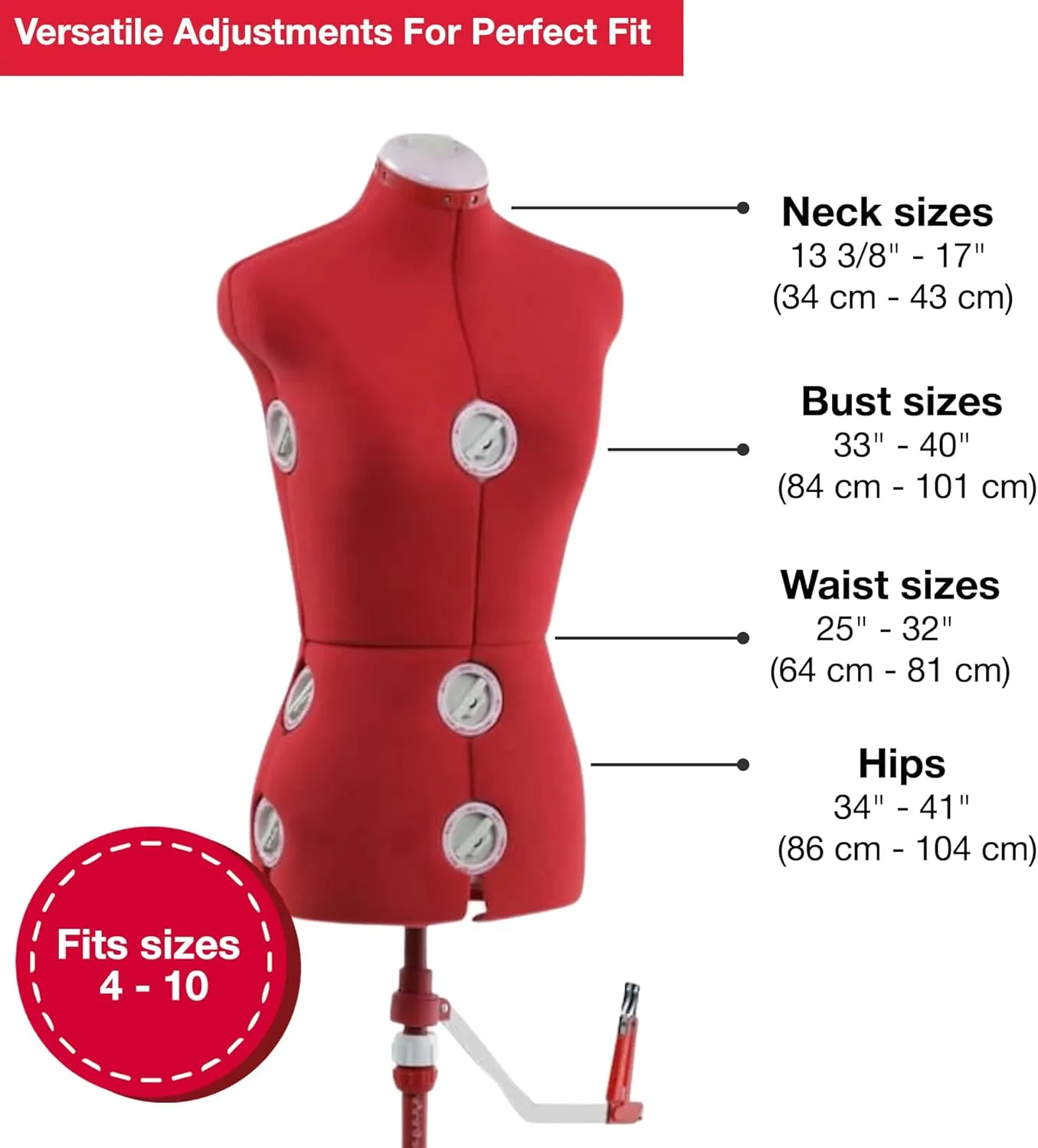 SINGER Female Adjustable Red Dress Form Fits Sizes 4-10 Pinnable Mannequin Body Torso with 360 Degree Hem Guide, Foam-Backed Fabric Exterior, 12 Dials, Tri-Pod Stand