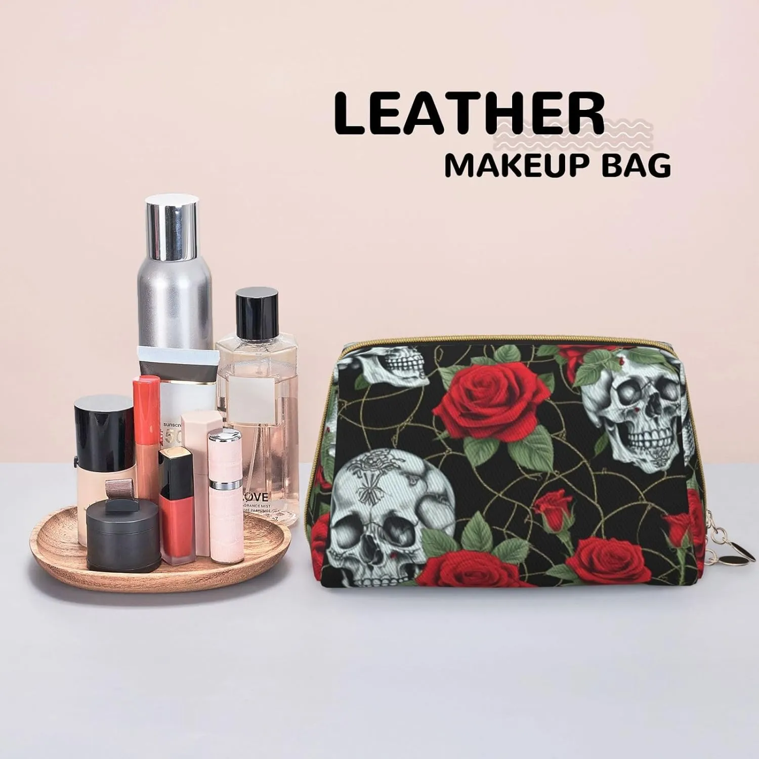 Skull And Red Rose Toiletry Pouch, Travel-Friendly Makeup Organizer For Makeup Brushes, Lipsticks