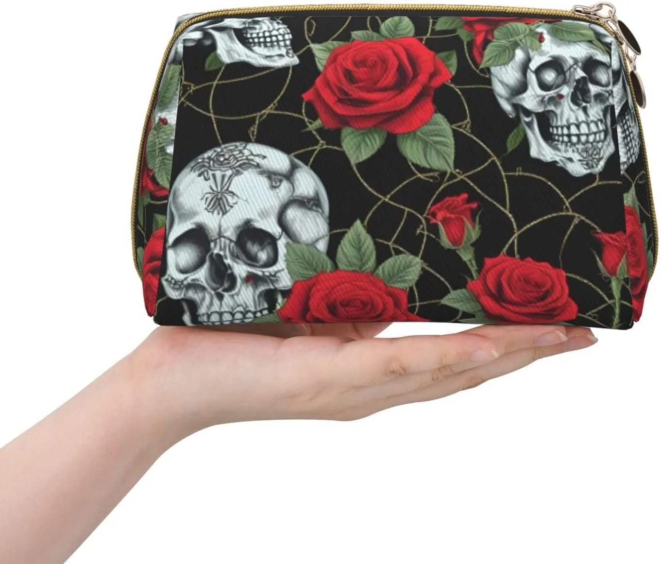 Skull And Red Rose Toiletry Pouch, Travel-Friendly Makeup Organizer For Makeup Brushes, Lipsticks