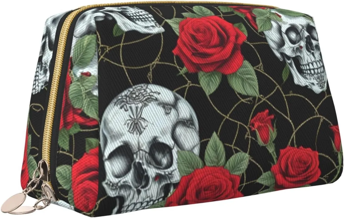 Skull And Red Rose Toiletry Pouch, Travel-Friendly Makeup Organizer For Makeup Brushes, Lipsticks