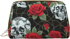 Skull And Red Rose Toiletry Pouch, Travel-Friendly Makeup Organizer For Makeup Brushes, Lipsticks