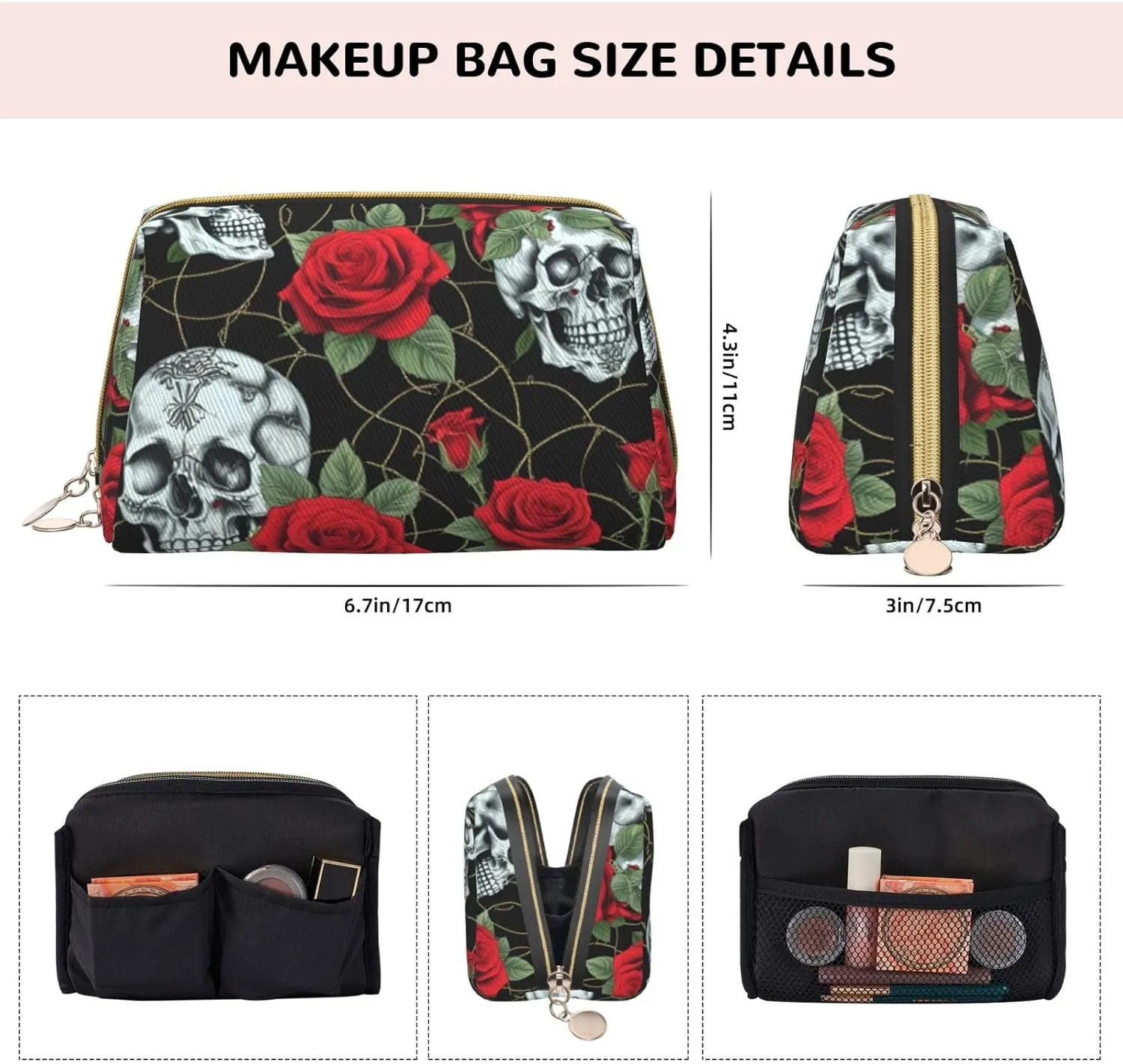 Skull And Red Rose Toiletry Pouch, Travel-Friendly Makeup Organizer For Makeup Brushes, Lipsticks