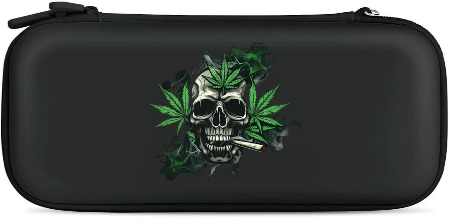 Skull with Weed Leaf Hard Shell Travel Case with Rope 15 Game Card Pockets Compatible with Switch Protective
