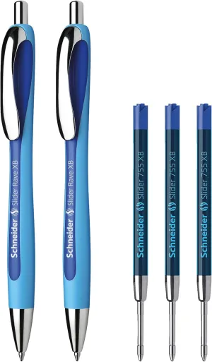 Slider Rave XB Retractable Ballpoint Pens by Schneider, Includes 2 Blue Pens and 3 Slider 755 Extra Broad (XB) Blue Refills