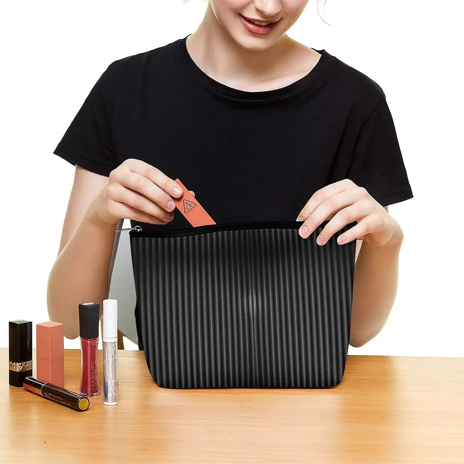 Small Cosmetic Bag, Vertical Stripes Dark Gray Makeup Bags Elegant Roomy Pouch for Women,Travel Toiletry Accessories Organizer