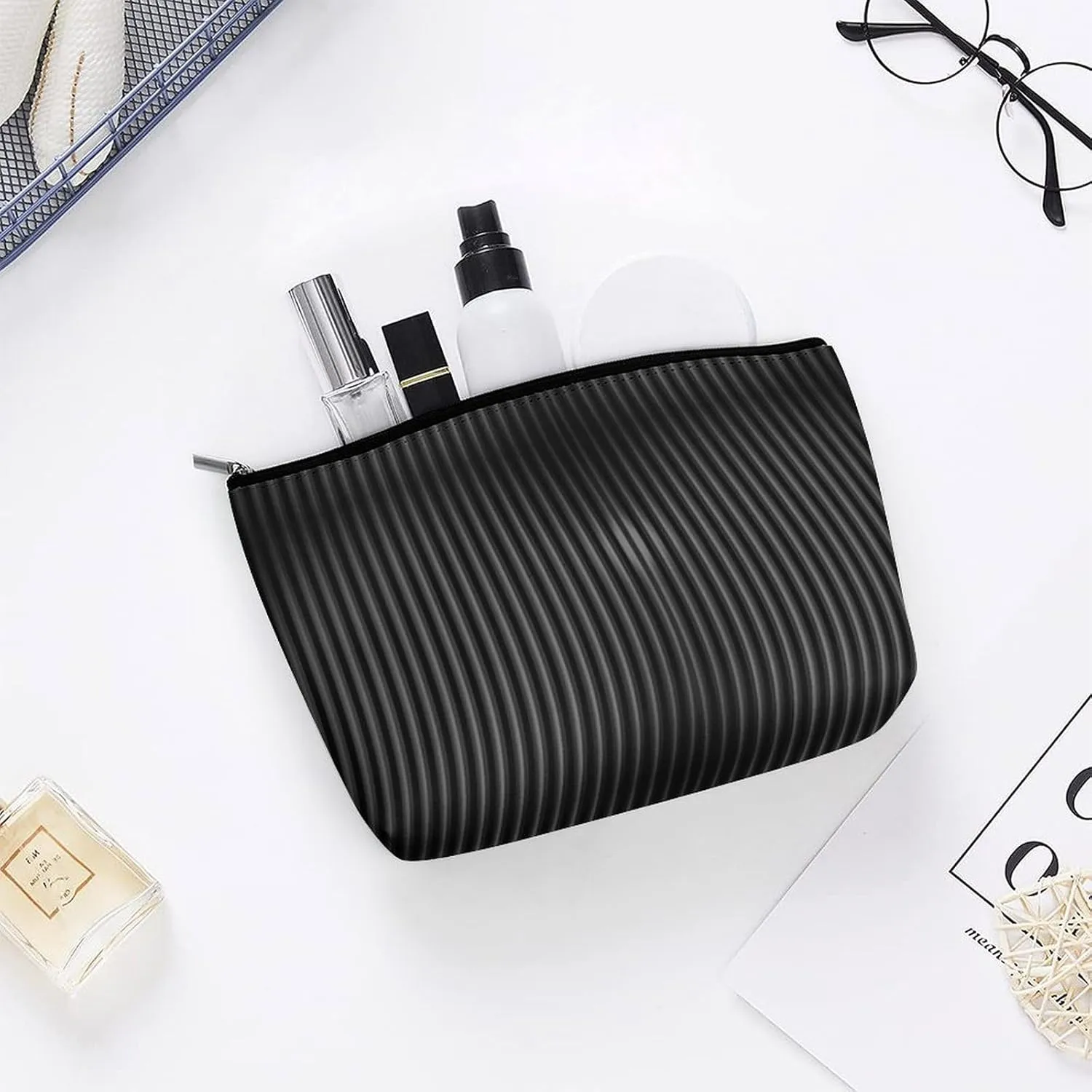 Small Cosmetic Bag, Vertical Stripes Dark Gray Makeup Bags Elegant Roomy Pouch for Women,Travel Toiletry Accessories Organizer