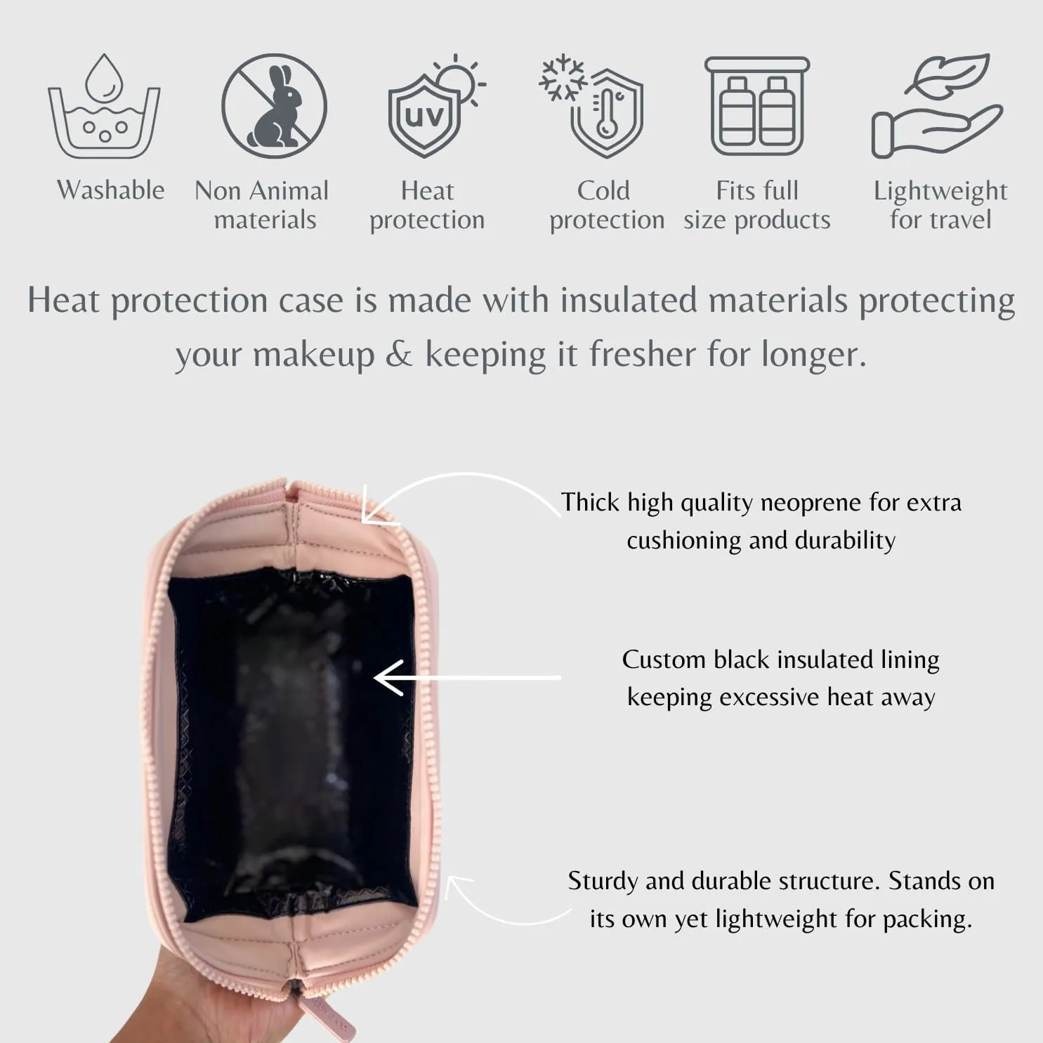 Small heat-resistant makeup bag, beauty case. Insulated cosmetic bag helps protect makeup from melting, spoiling and expiring quickly. Heat proof makeup bag for car