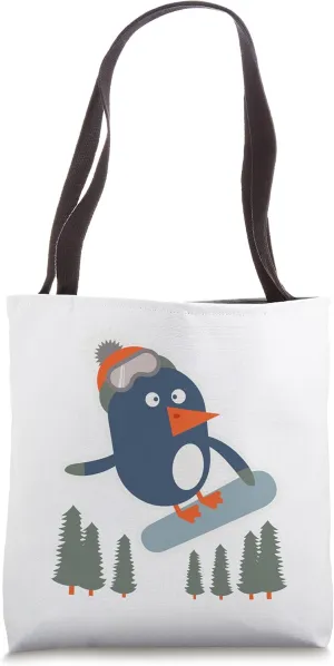 Snowboarding Penguin Bird Snowboard Winter Landscape Trees Tote Bag