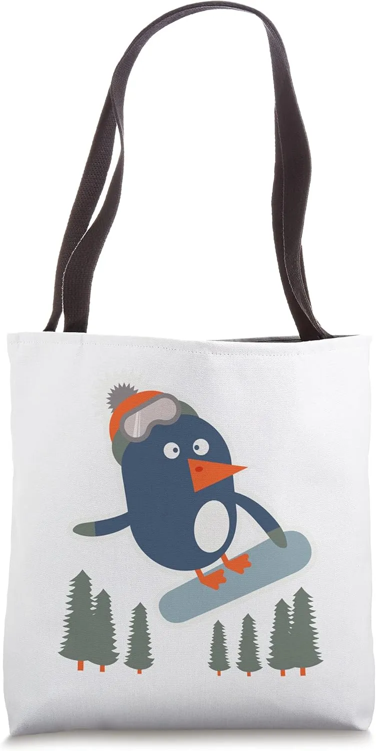 Snowboarding Penguin Bird Snowboard Winter Landscape Trees Tote Bag