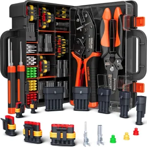 SOMELINE Crimping Tool Kit, Waterproof Automotive Electrical Connectors Electrical Wire Connectors Plug Kit 1/2/3/4/5 Pin Waterproof Connectors with 22-14 AWG Ratchet Crimping Tool and Removal Tools