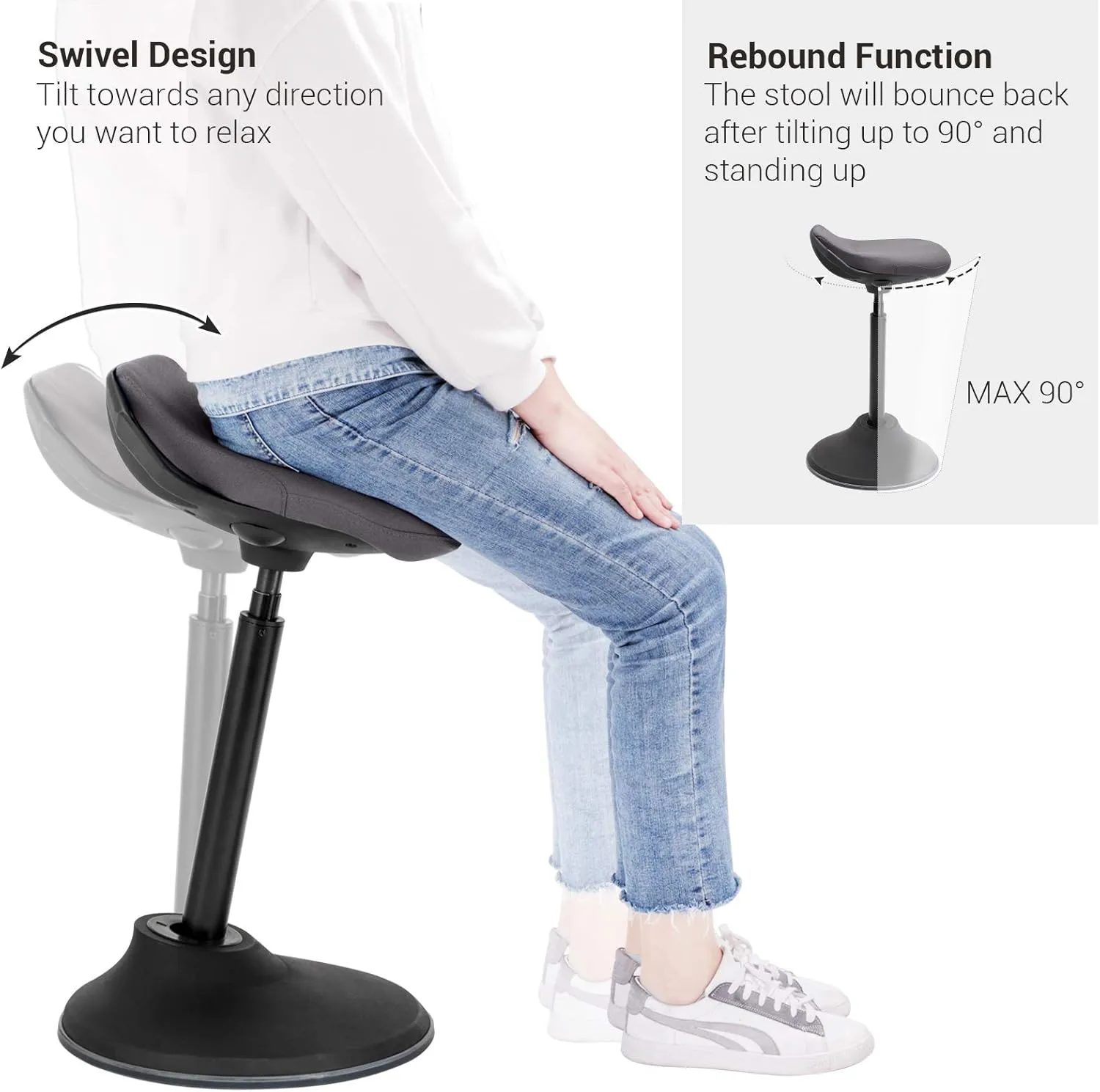 SONGMICS Standing Desk Chair, Adjustable Ergonomic Wobble Stool, 23.6-33.3 Inches Drafting Chair, Swivel Sitting Balance Stool, Fabric Upholstery, Anti-Slip Bottom Pad, Slate Gray UOSC02GY