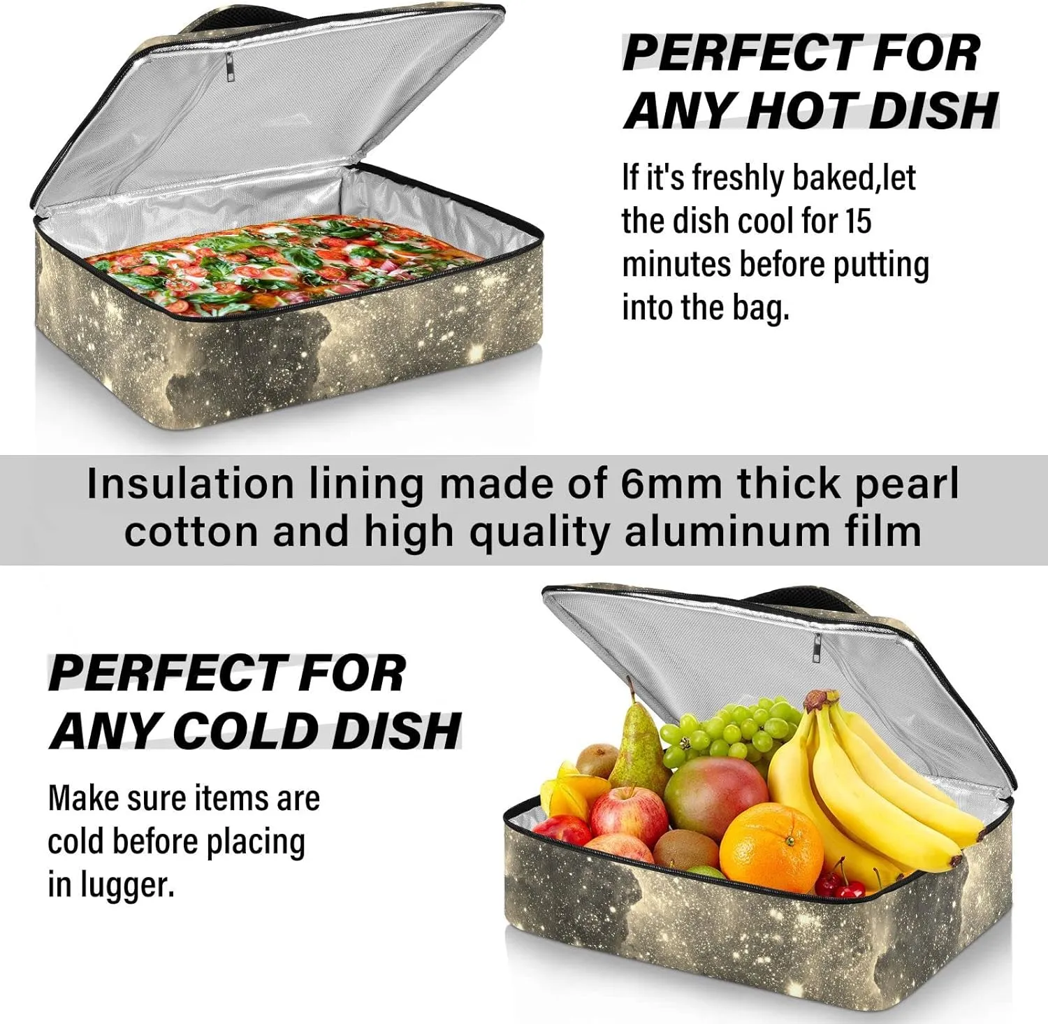 Space Galaxy Universe with Glare Stars Vintage Retro Old Style Reusable Insulated Pizza Bag, Waterproof Food Delivery Bag, with Handle Lid Leakproof Pizza Holder Tote for Hot or Cold Food