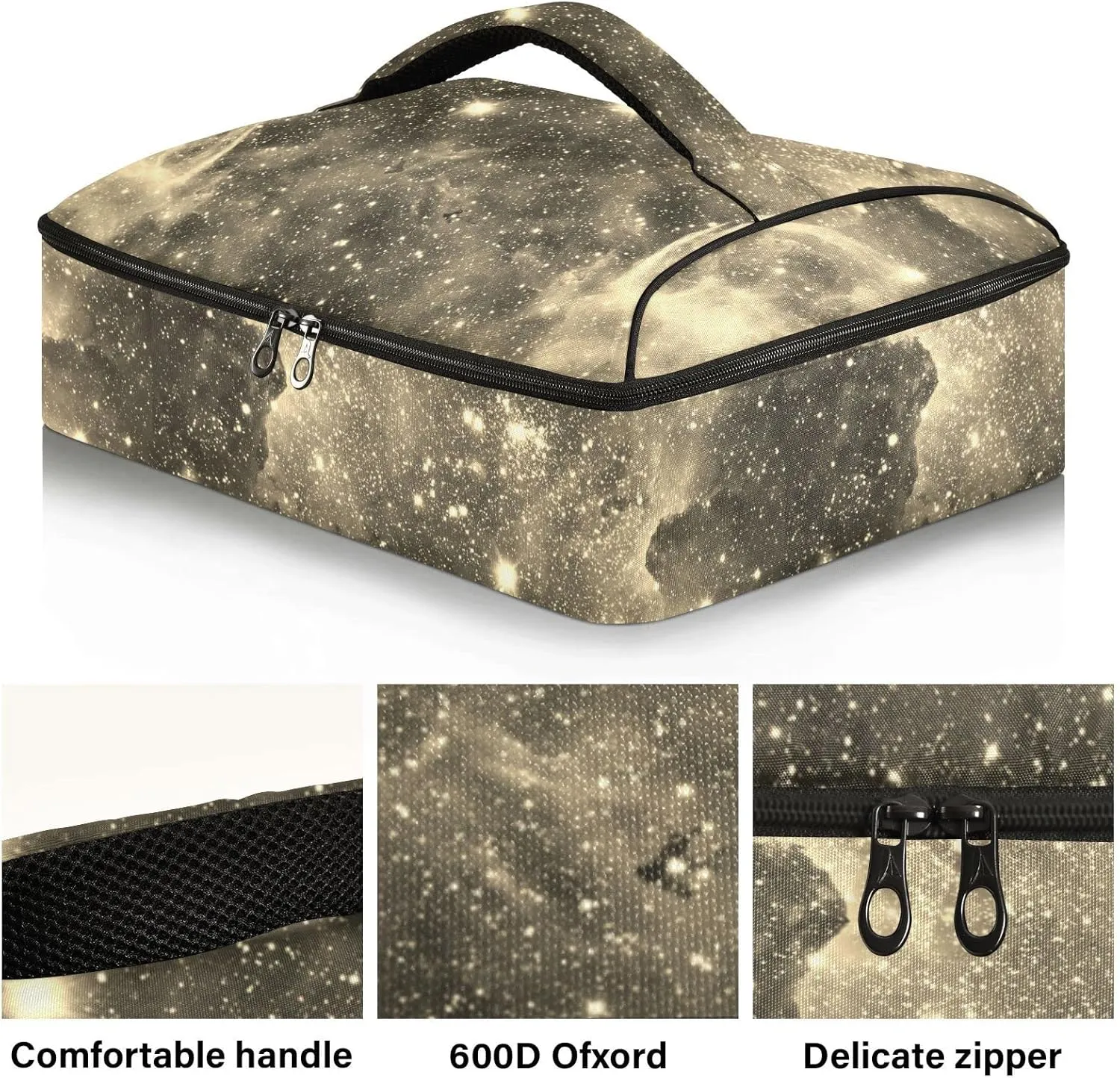 Space Galaxy Universe with Glare Stars Vintage Retro Old Style Reusable Insulated Pizza Bag, Waterproof Food Delivery Bag, with Handle Lid Leakproof Pizza Holder Tote for Hot or Cold Food