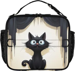 SPRIPORT Cartoon Black Cat Curtain Insulated Lunch Box for Boys Girls Reusable Lunch Bag Soft Bag Mini Cooler with Adjustable Shoulder Strap Portable Lunch Tote for Women Men Picnic School Work