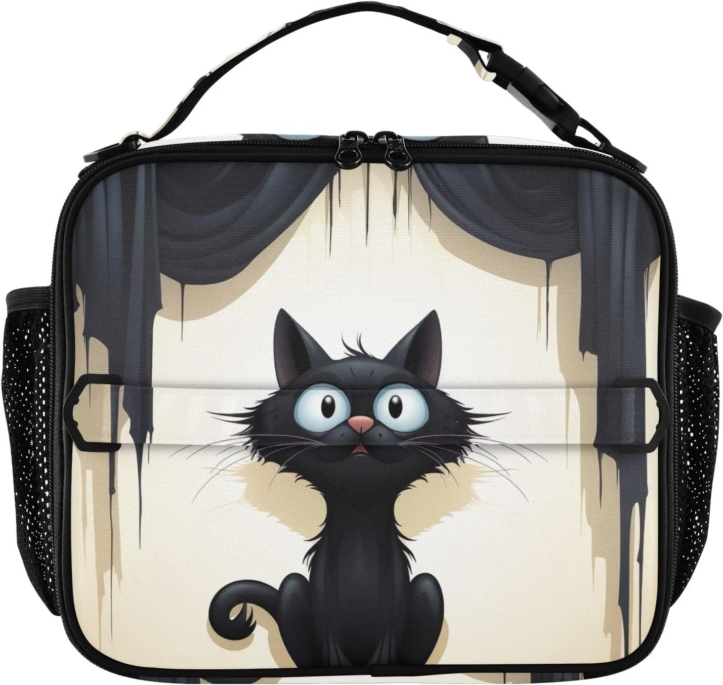 SPRIPORT Cartoon Black Cat Curtain Insulated Lunch Box for Boys Girls Reusable Lunch Bag Soft Bag Mini Cooler with Adjustable Shoulder Strap Portable Lunch Tote for Women Men Picnic School Work