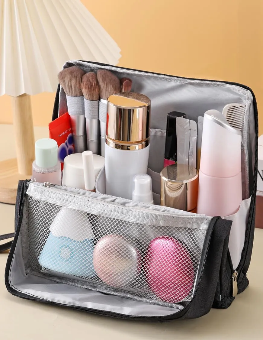 Standing Makeup Bag, Doresty Standing Makeup Bag Portable, Large Capacity, Waterproof with Compartments (Blue)