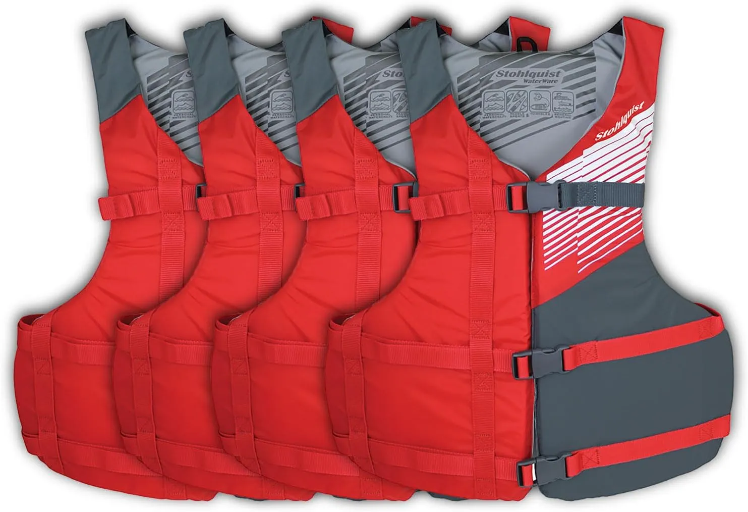 Stohlquist Universal Fit Adult Life Jacket PFD (2 and 4 Pack) Coast Guard Approved for Men and Women 90  lbs, Lightweight Neoprene and Adjustable, Ideal for Boating, Kayaking & Water Sports