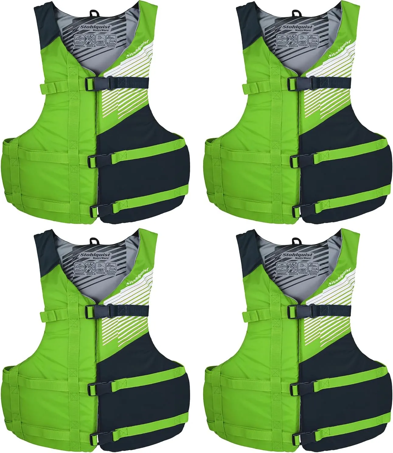Stohlquist Universal Fit Adult Life Jacket PFD (2 and 4 Pack) Coast Guard Approved for Men and Women 90  lbs, Lightweight Neoprene and Adjustable, Ideal for Boating, Kayaking & Water Sports