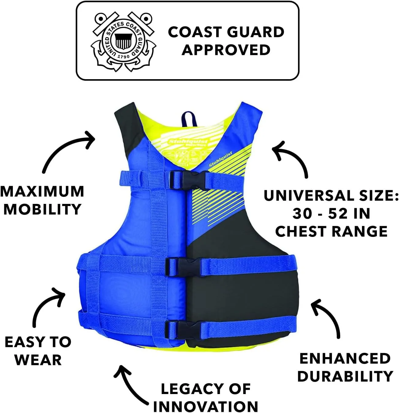 Stohlquist Universal Fit Adult Life Jacket PFD (2 and 4 Pack) Coast Guard Approved for Men and Women 90  lbs, Lightweight Neoprene and Adjustable, Ideal for Boating, Kayaking & Water Sports