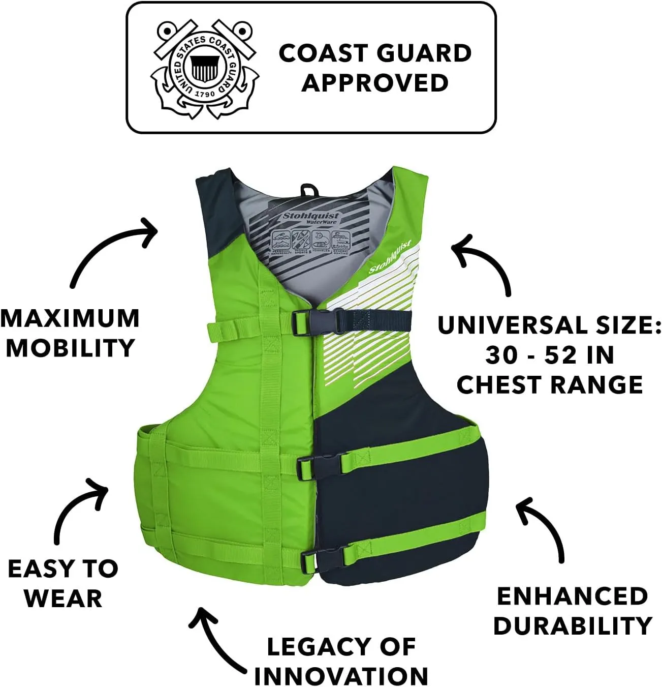 Stohlquist Universal Fit Adult Life Jacket PFD (2 and 4 Pack) Coast Guard Approved for Men and Women 90  lbs, Lightweight Neoprene and Adjustable, Ideal for Boating, Kayaking & Water Sports