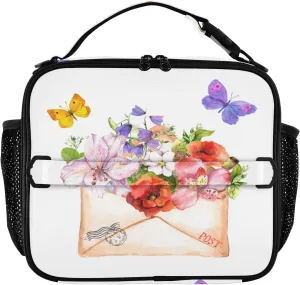Summer Vintage Butterflies Lunch Box Flowers Postal Envelope Meal Tote Kids Lunch Bag Insulated Reusable Cooler Soft Shoulder Bag Mini Cooling Back to School