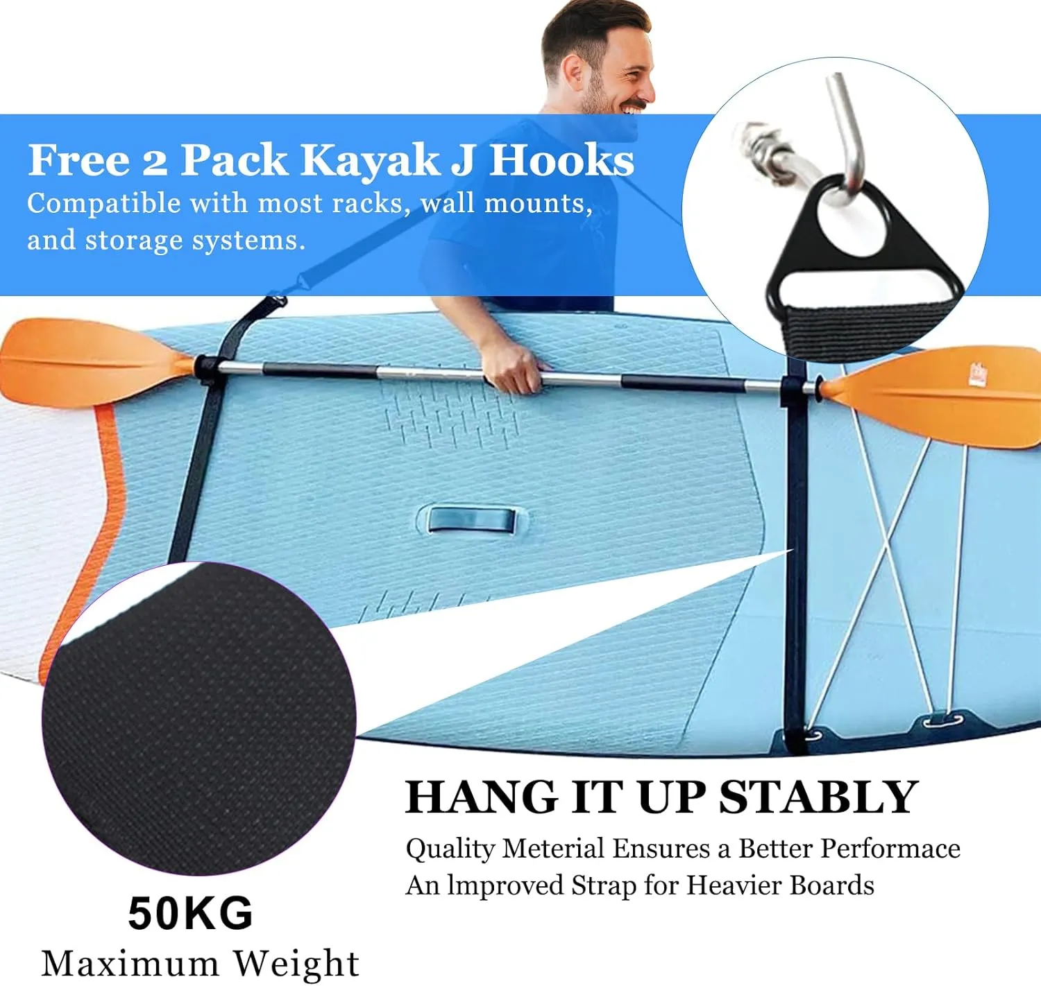SUP Kayak Carry Strap Adjustable Shoulder Strap with 2 Kayak Storage Hooks