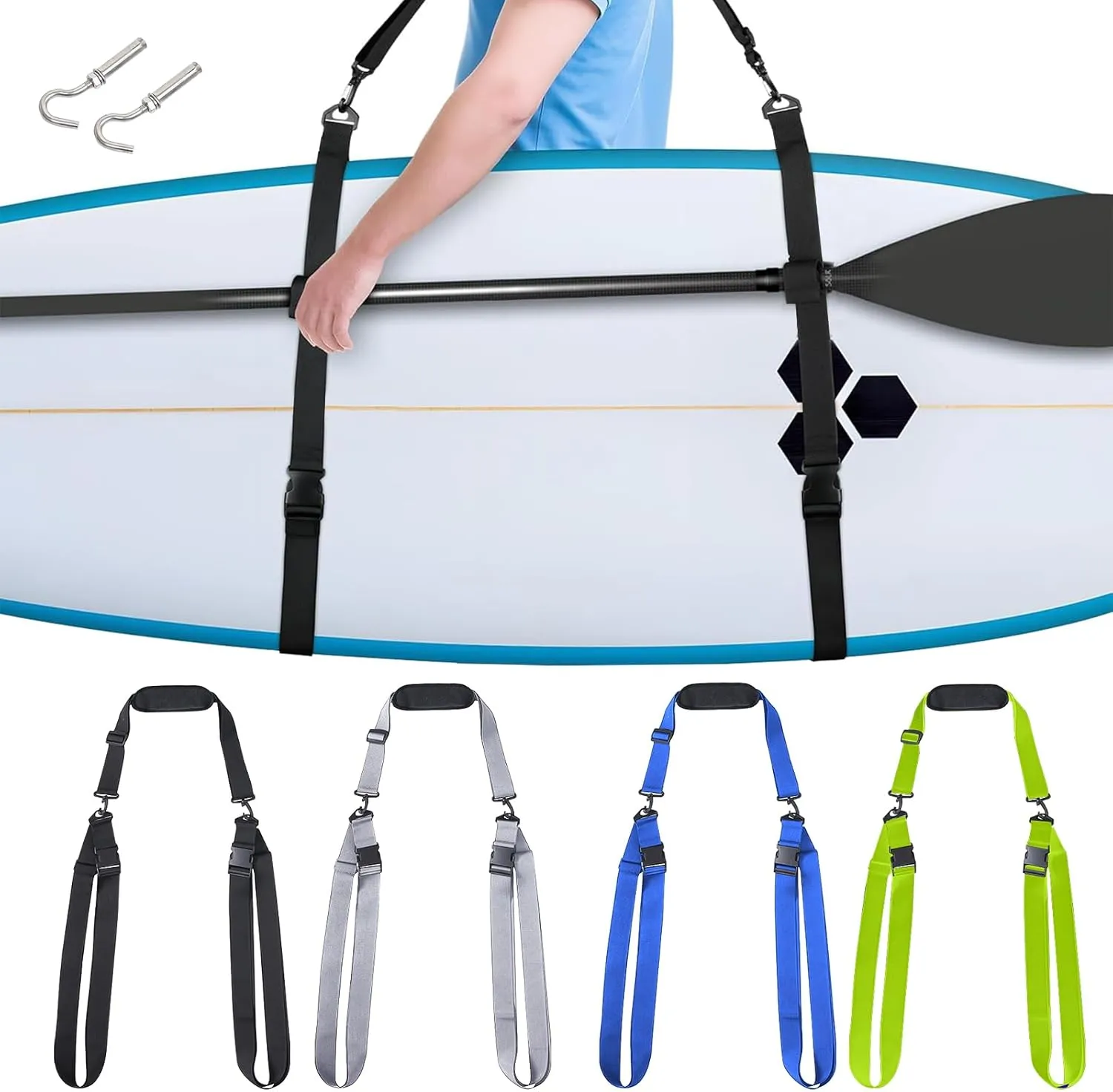 SUP Kayak Carry Strap Adjustable Shoulder Strap with 2 Kayak Storage Hooks