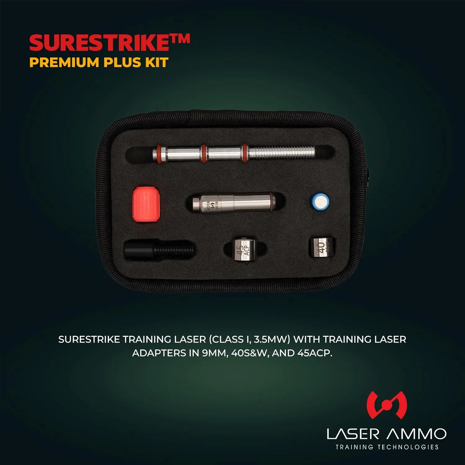 SureStrike™ Premium Plus Kit - SureStrike™ Training Laser Cartridge (Class I, 3.5mW) for 9mm, .40S&W, 45ACP.