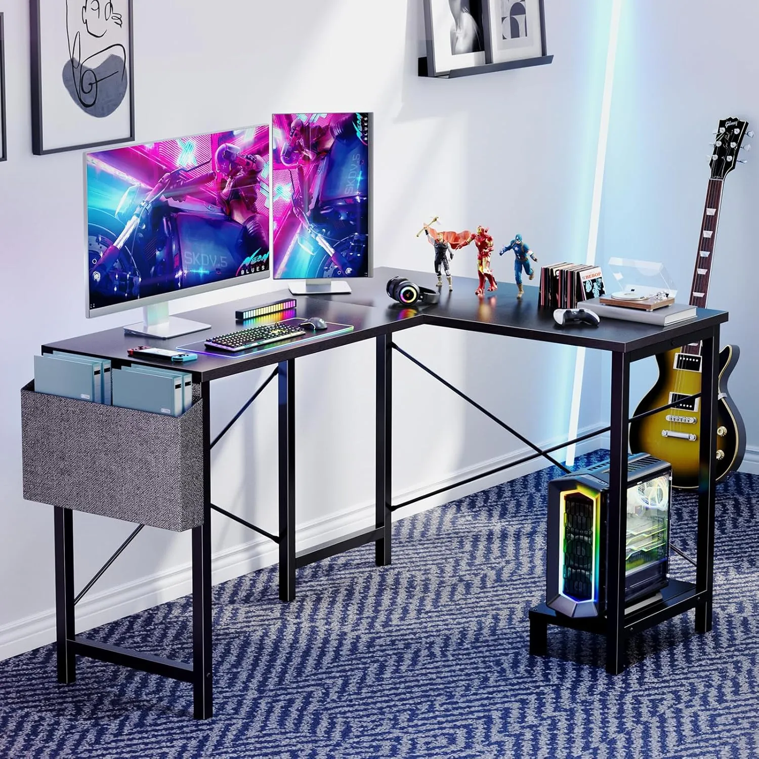 Sweetcrispy L Shaped Computer Desk - Corner Gaming PC Table with CPU Stand Side Bag for Home Office Dorm Sturdy Writing Workstation, 50-Inch, Black