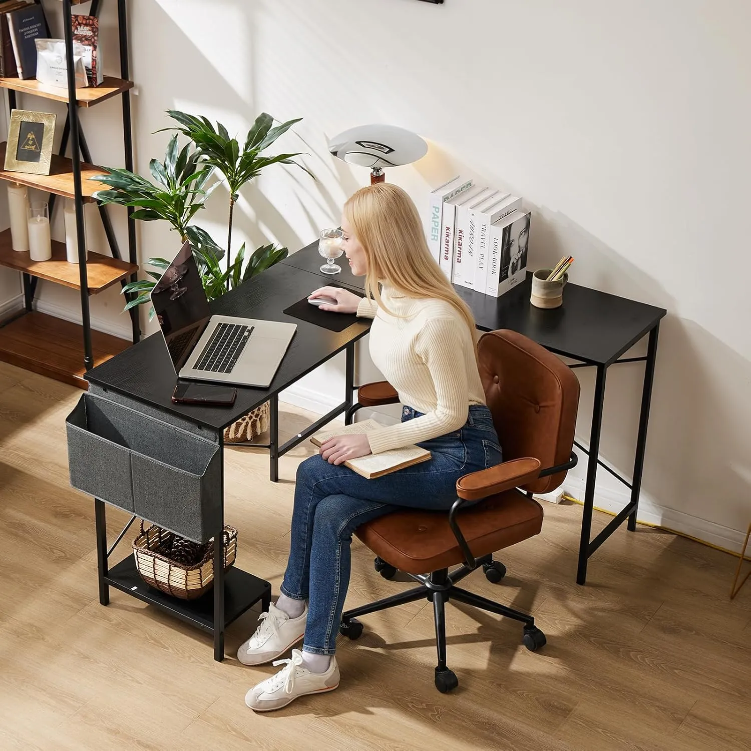 Sweetcrispy L Shaped Computer Desk - Corner Gaming PC Table with CPU Stand Side Bag for Home Office Dorm Sturdy Writing Workstation, 50-Inch, Black