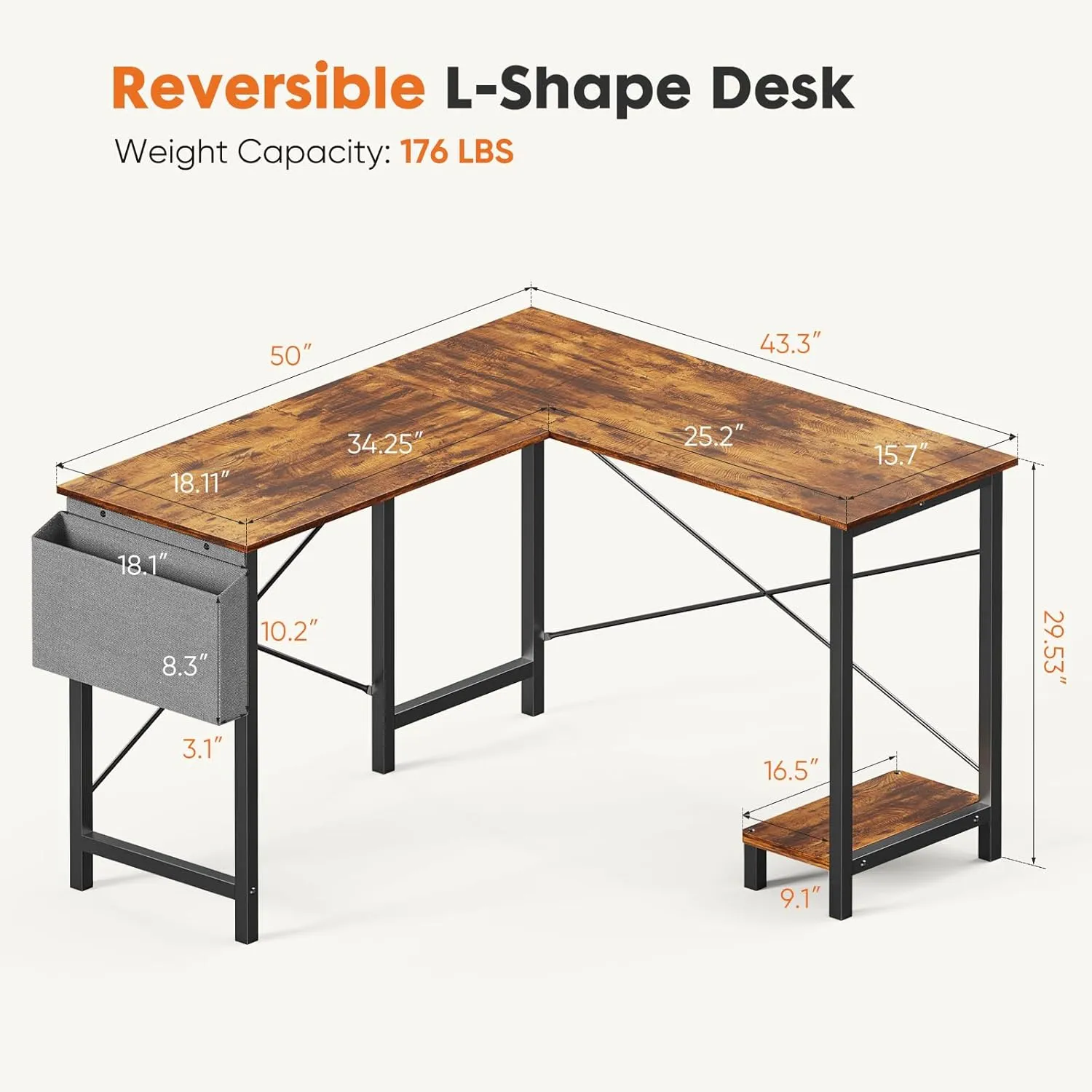 Sweetcrispy L Shaped Desk - Computer Corner Gaming PC Table with CPU Stand Side Bag for Home Office Dorm Sturdy Writing Workstation
