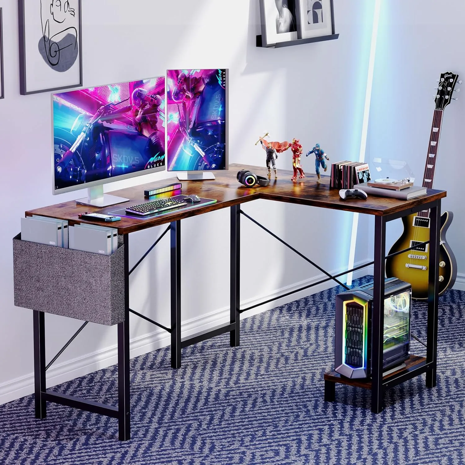 Sweetcrispy L Shaped Desk - Computer Corner Gaming PC Table with CPU Stand Side Bag for Home Office Dorm Sturdy Writing Workstation