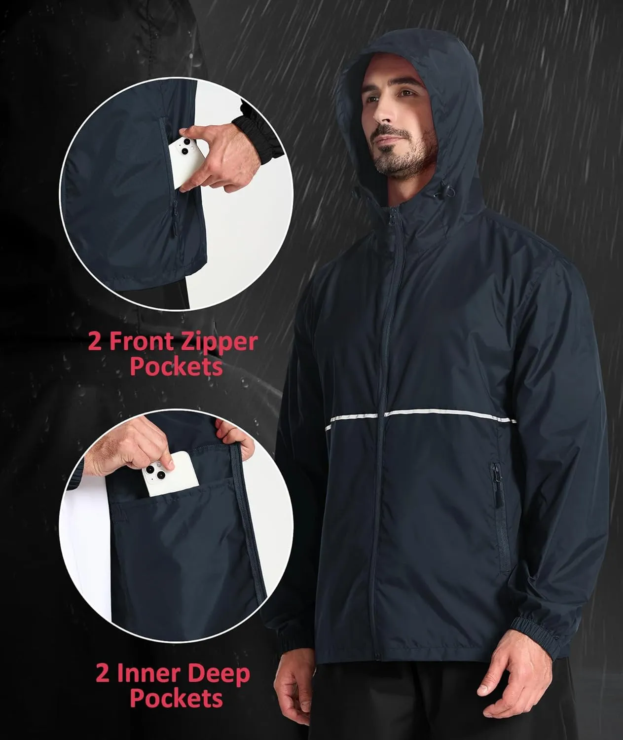 SWISSWELL Men's Rain Jacket Windbreaker Packable,Lightweight Golf Rain Coat Inner Pocket for Camping Hiking Cycling