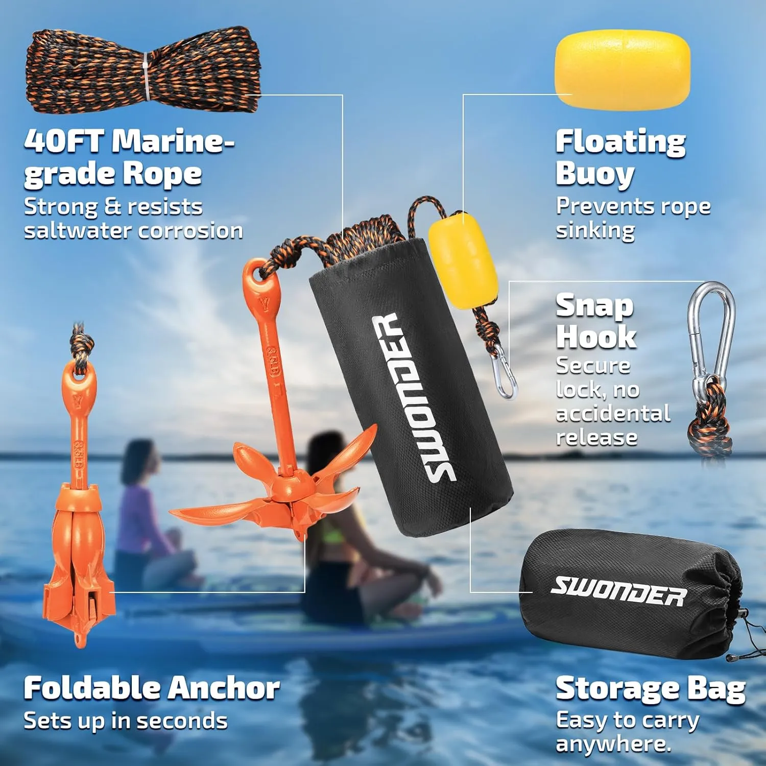 Swonder Kayak Anchor, 3.5lbs Folding Anchor Kit w/Rope & Storage Bag, Complete Accessories Kit for Kayak, Paddle Board, Jet Ski and Small Boats