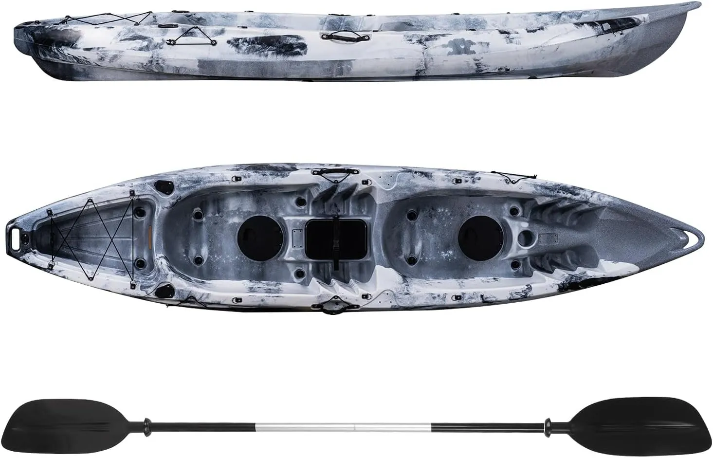 Tandem Fishing Angler Kayak for 2 or 3 Person, 12.4Ft Sit on Top Hard Shell Recreational Kayak with Paddle & Large Rear Storage Perfect for Ocean Lakes Rivers