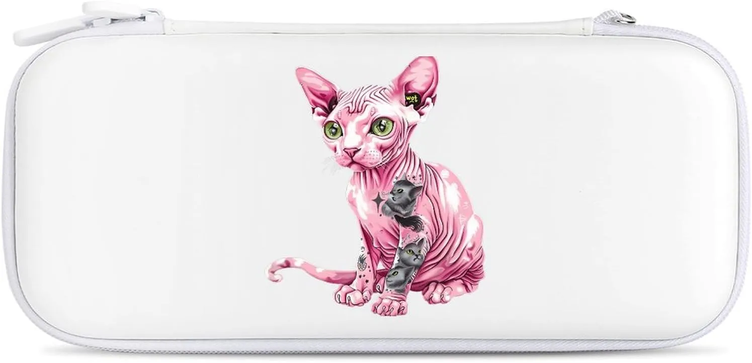 Tattooed Sphynx Cat Hairless Hard Shell Travel Case with Rope 15 Game Card Pockets Compatible with Switch Protective