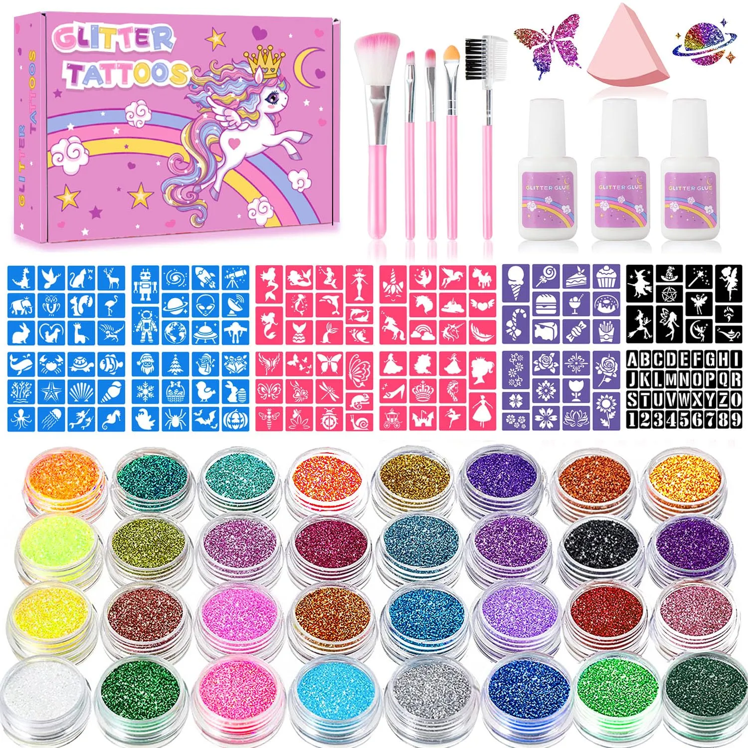 Temporary Glitter Tattoos Kit for Kids, 32 Colors, 165 Stencils, 3 Glue, 5 Brushes, 1 Powder Puff, Adults & Kids Arts Make Up Kit, Holiday Gifts for Girls & Boys