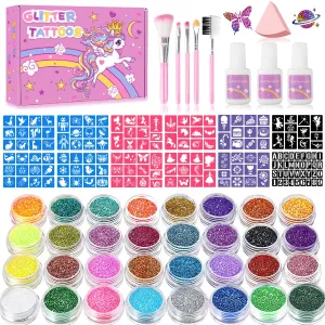 Temporary Glitter Tattoos Kit for Kids, 32 Colors, 165 Stencils, 3 Glue, 5 Brushes, 1 Powder Puff, Adults & Kids Arts Make Up Kit, Holiday Gifts for Girls & Boys