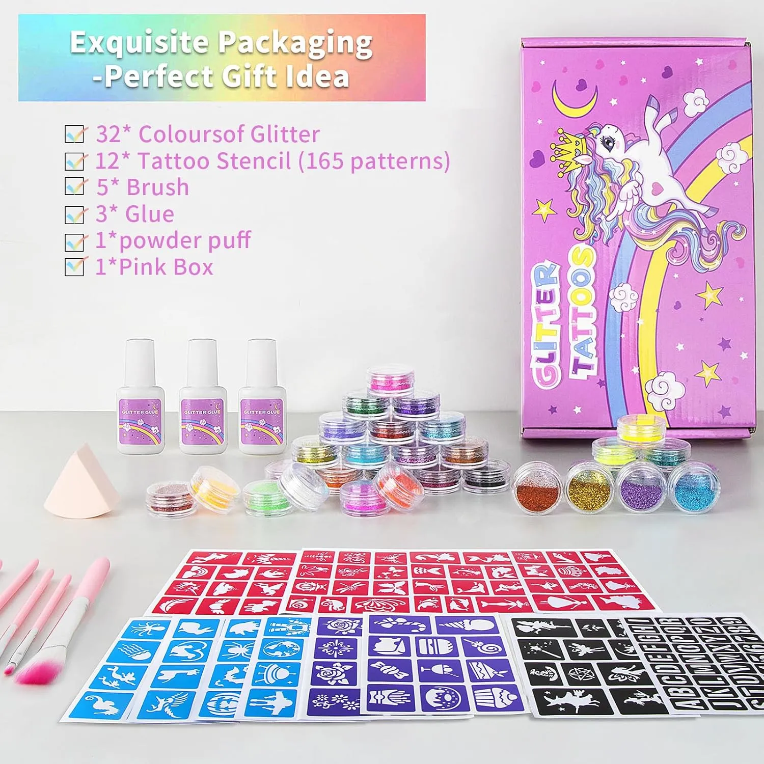 Temporary Glitter Tattoos Kit for Kids, 32 Colors, 165 Stencils, 3 Glue, 5 Brushes, 1 Powder Puff, Adults & Kids Arts Make Up Kit, Holiday Gifts for Girls & Boys