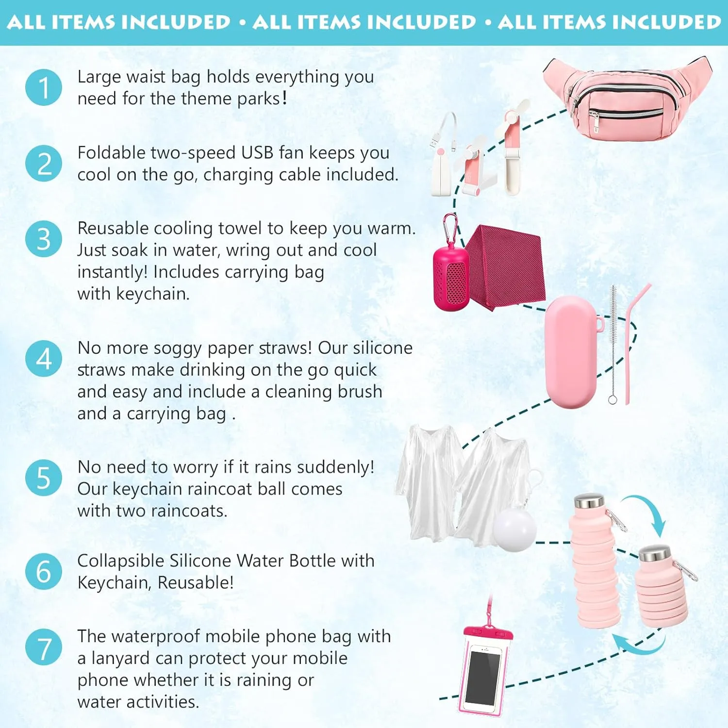 Theme Park Essentials 9 Pieces Fanny Pack Cruise Ship Essentials USB Handheld Fan Collapsible Water Bottle Cooling Towel Disposable Ponchos Silicone Straw Waterproof Phone Pouch(Pink)