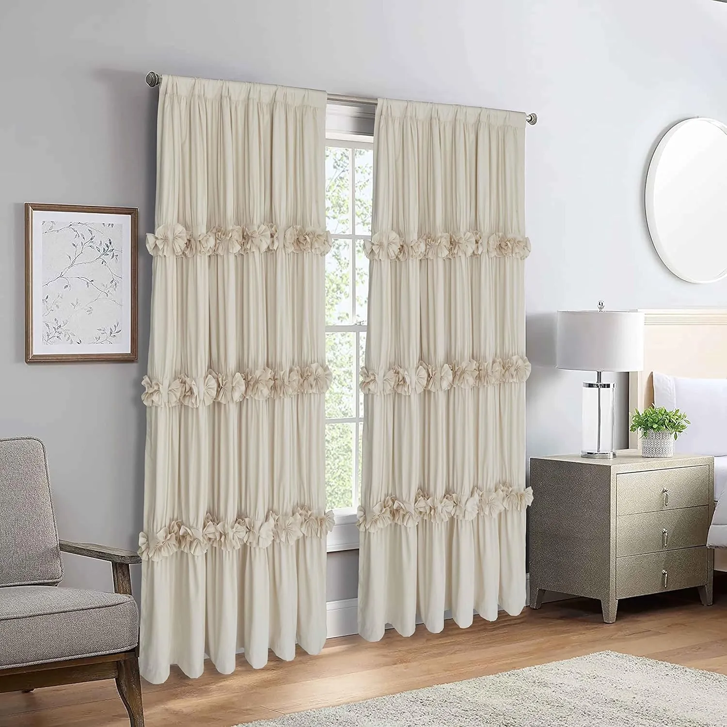 Thermal Insulated Blackout Window Curtains, 54" W x 84" L (Pair), Boho Ruched Window Treatments with 3 Rows of Butterfly Flowers, Rustic Rod Pocket Drapes for Room, Camel (LQ-30)