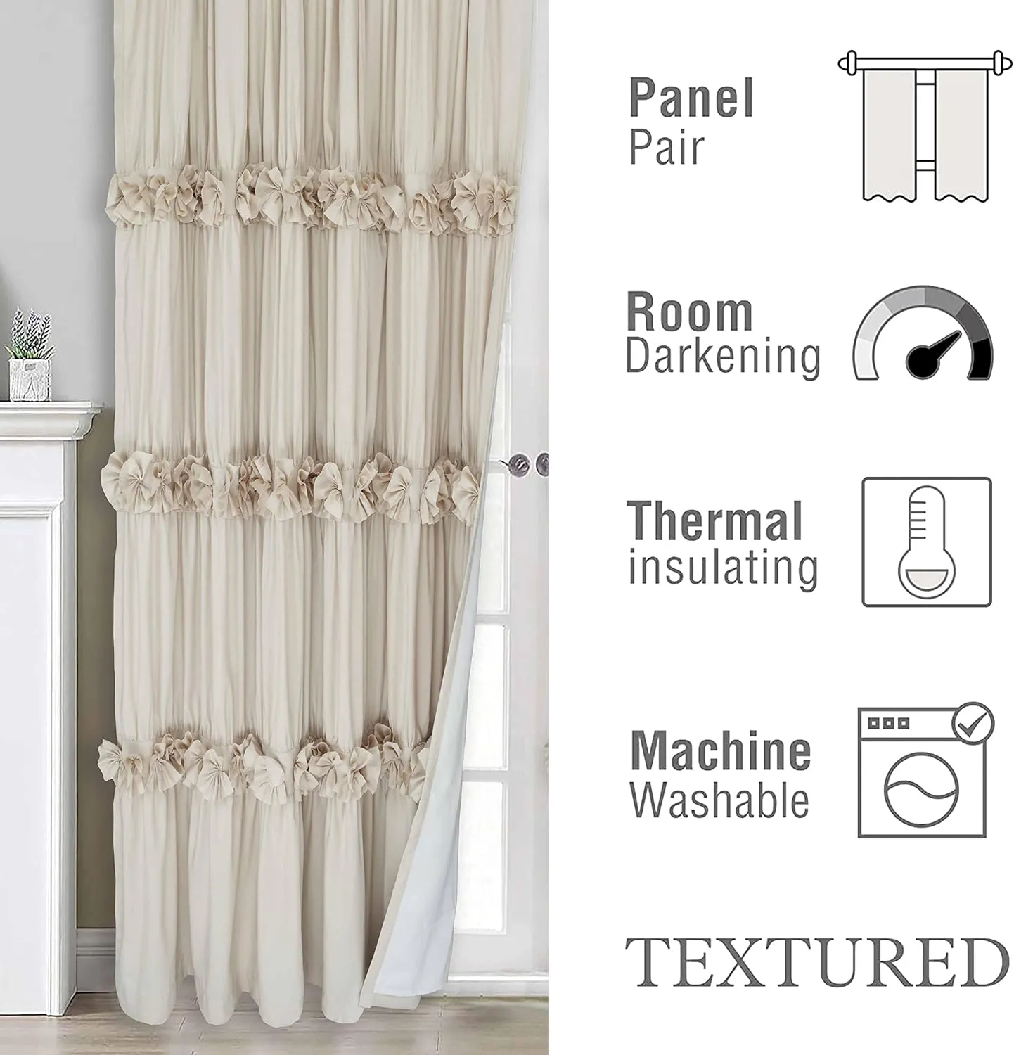 Thermal Insulated Blackout Window Curtains, 54" W x 84" L (Pair), Boho Ruched Window Treatments with 3 Rows of Butterfly Flowers, Rustic Rod Pocket Drapes for Room, Camel (LQ-30)