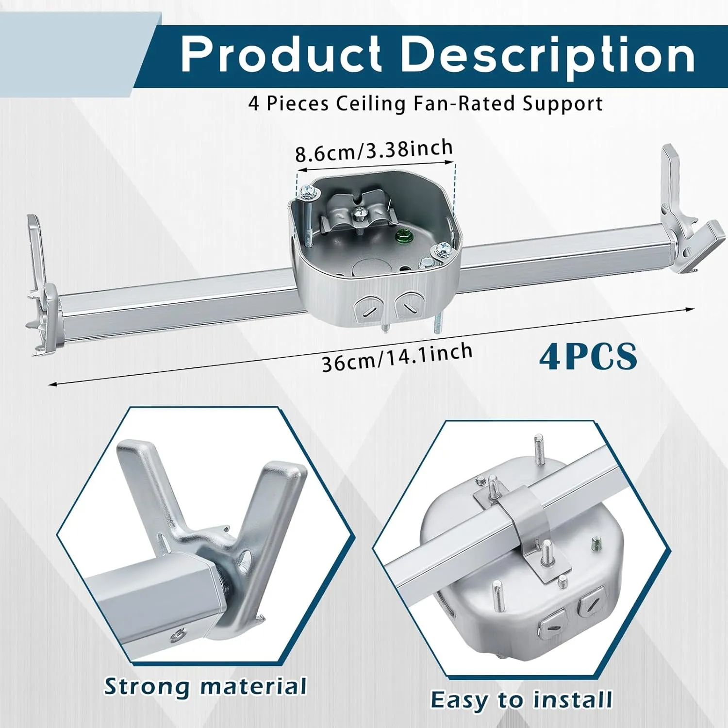 Therwen 4 Pcs Adjustable Fan Electrical Box Brace 14.2 Inches Long Silver Ceiling Fan Mounting Bracket for Fans and Light Fixtures